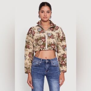 Size XL - Daisy Floral Patterned Jacquard Cropped Jacket Tan